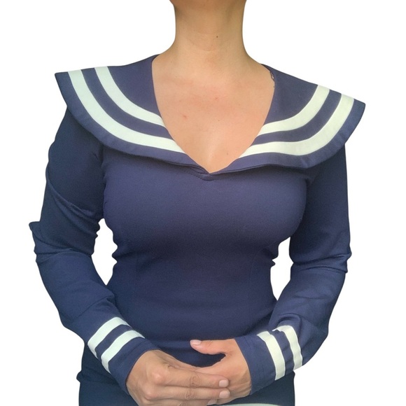 Navy & White Nautical Bodycon Dress – Size M - Picture 3 of 10